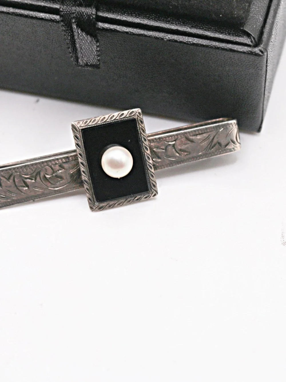 Sterling Engraved Black Onyx Akoya Cultured Pearl Tie Bar/Money Clip-